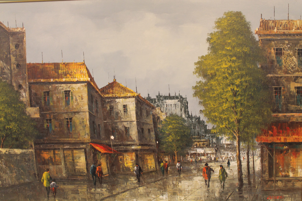 Appraisal: Oliveri thC Continental street scene figures in the rain oil