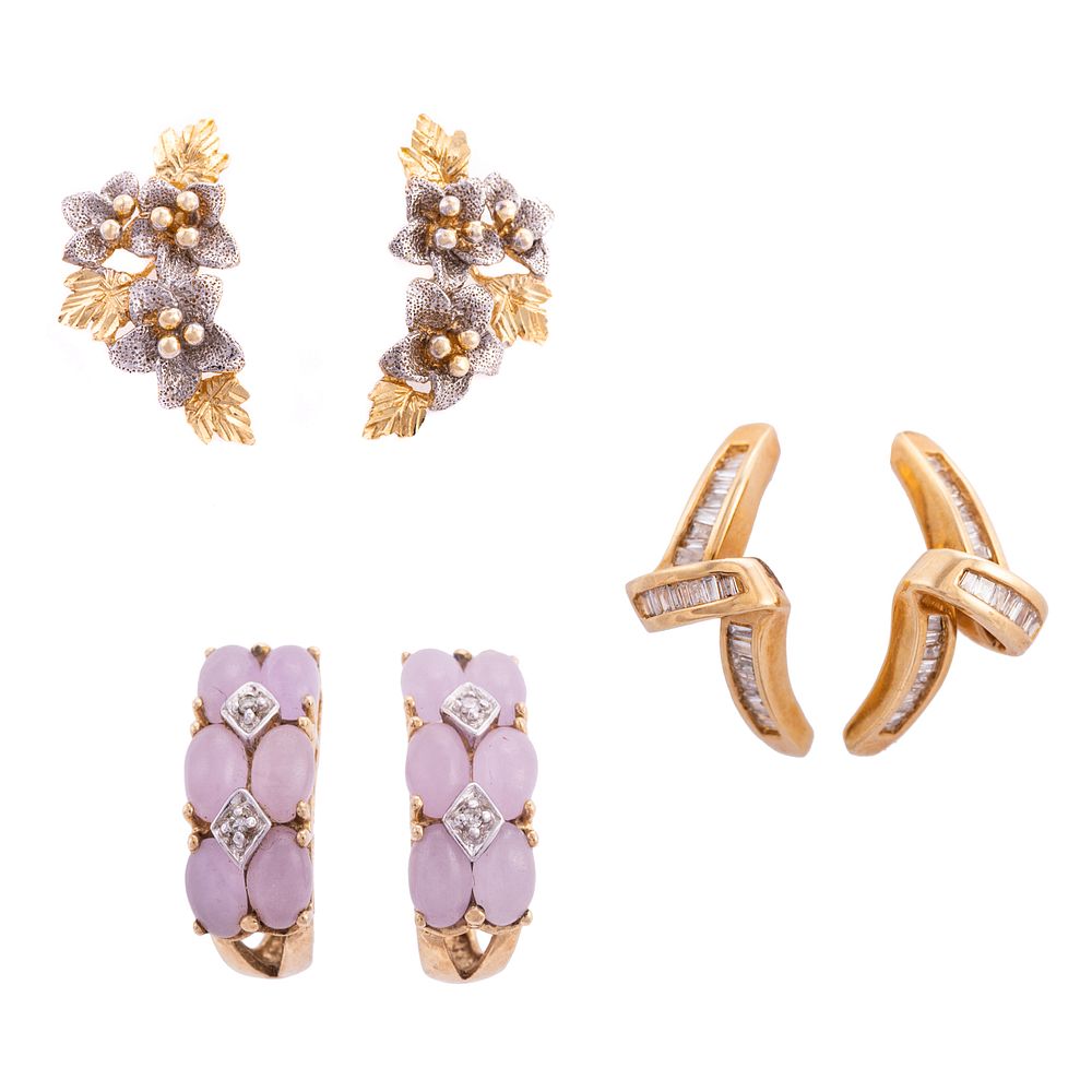 Appraisal: A Trio of Earrings in Diamond Rose Quartz Gold K