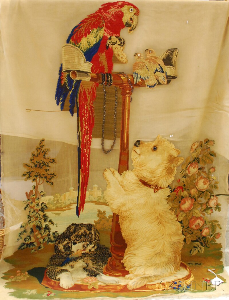 Appraisal: Unframed Victorian Berlin Woolwork Panel Depicting Two Dogs and a