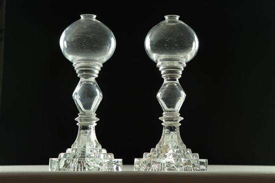 Appraisal: PAIR OF GLASS WHALE OIL LAMPS Probably New England nd