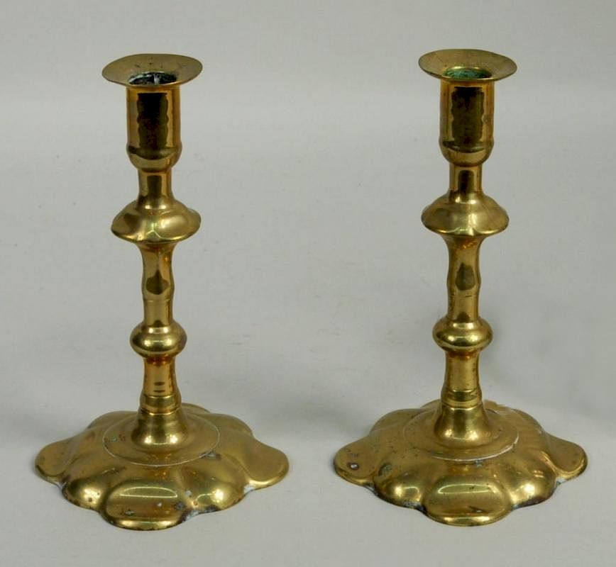 Appraisal: Pair Queen Anne Brass Petal Base Candlesticks Pair Queen Anne