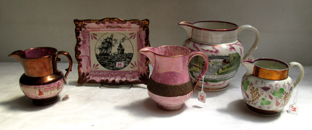 Appraisal: FIVE PIECES OF PINK LUSTRE consisting of four pitchers and