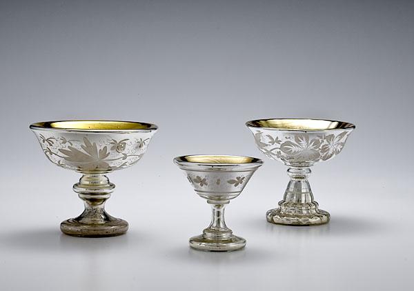 Appraisal: THREE MERCURY GLASS FOOTED FRUIT BOWLS Continental late th century