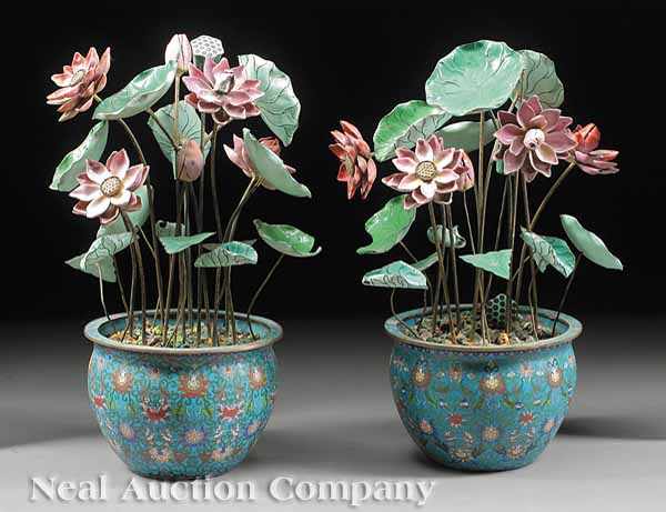 Appraisal: A Pair of Chinese Cloisonn Enamel Jardini res with Lotus