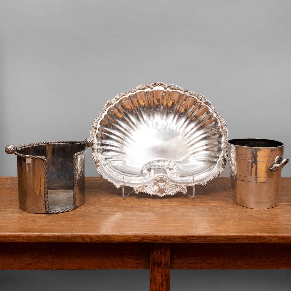 Appraisal: Two Silver Metal Wine Buckets and a Shell Form Bowl