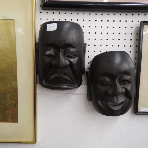 Appraisal: Pair of Oriental Carved Wood Masks happy sad Ying Yang