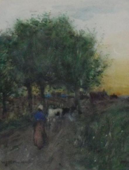 Appraisal: WJM McKenzie Cattle herder on a tree lined path Watercolour