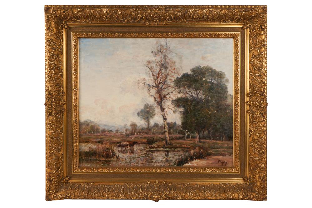 Appraisal: LOUIS JAPY - LANDSCAPE WITH CATTLE oil on canvas relined