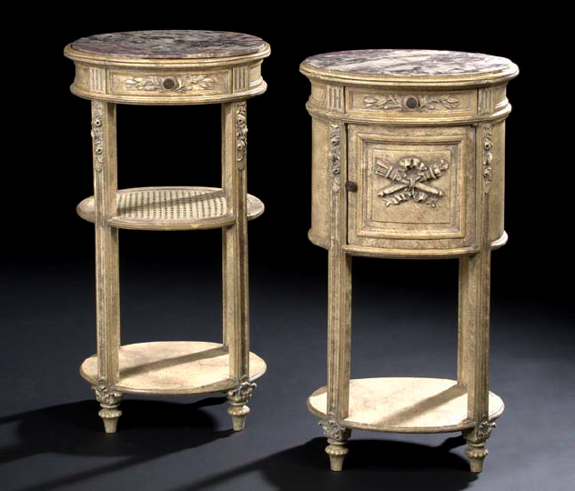 Appraisal: Near-Pair of French Carved and Blanc-de-Trianon-Painted Beechwood and Marble-Top Night