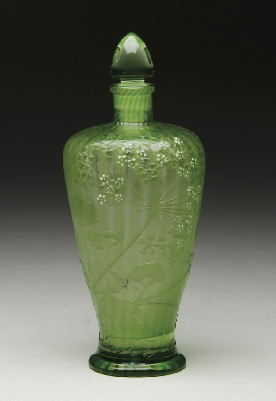 Appraisal: GALL SCENT BOTTLE Green ribbed and opalescent glass with cameo