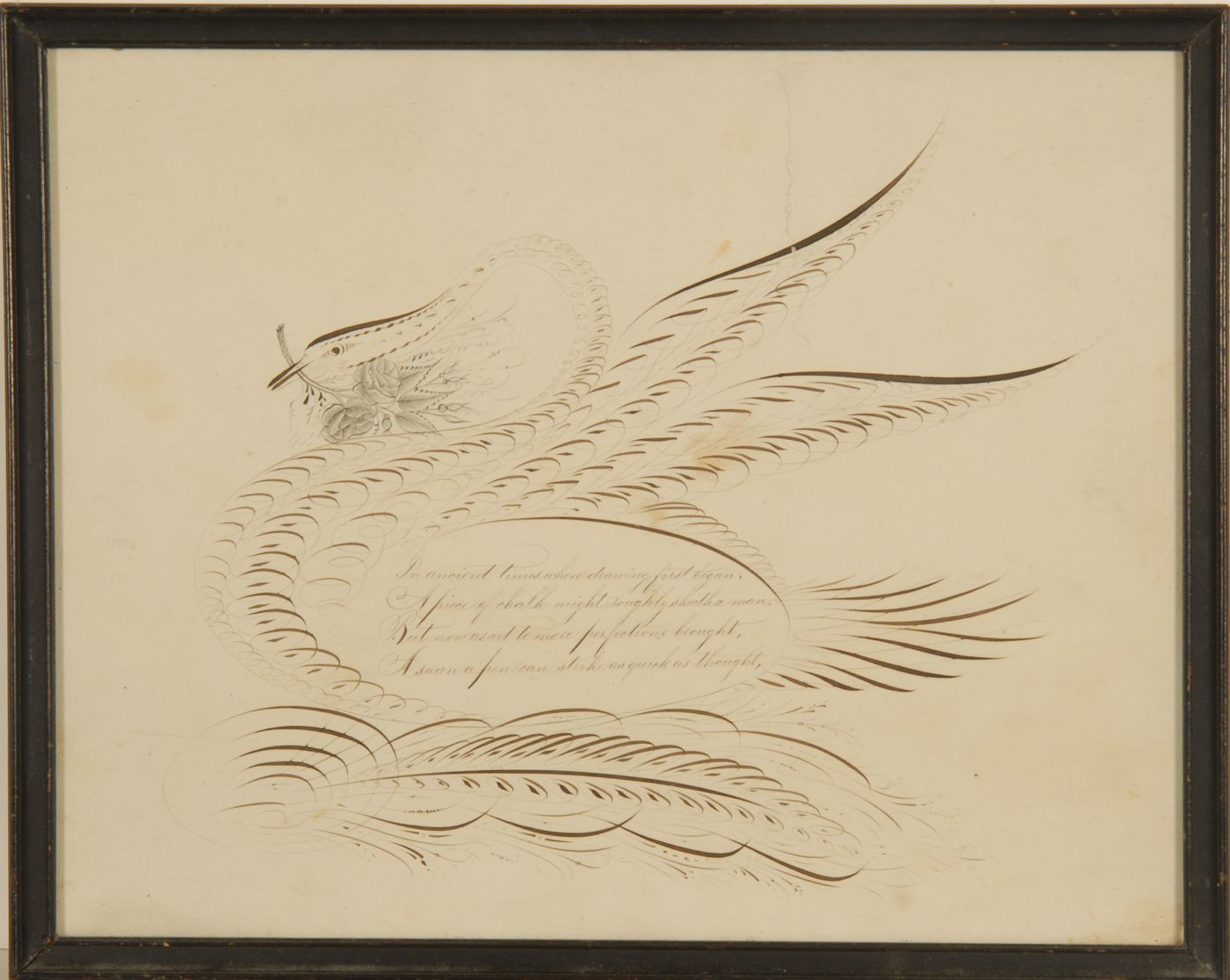 Appraisal: FRAMED AMERICAN CALLIGRAPHIC DRAWING Mid- th CenturyDepicting a swan with