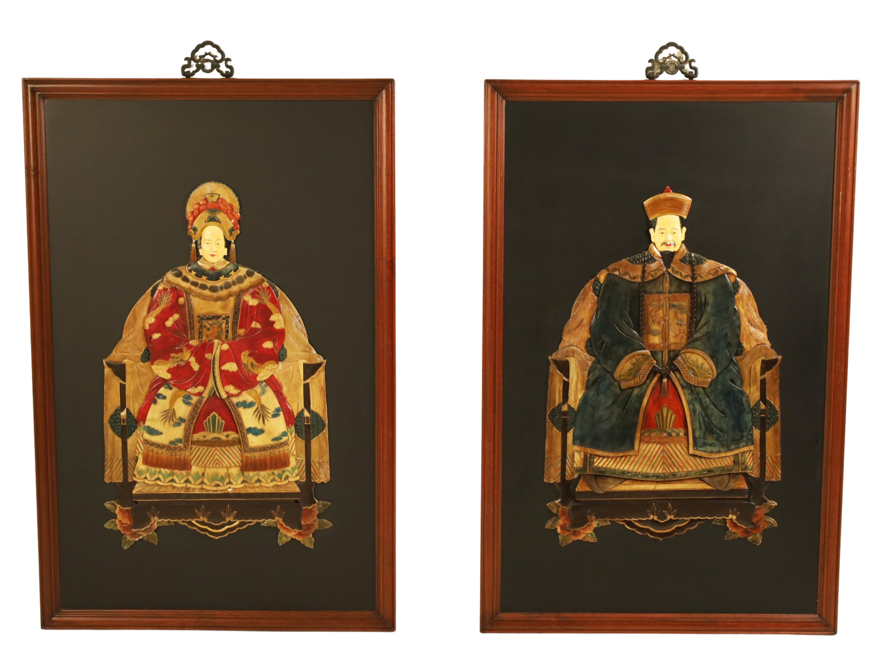 Appraisal: PR OF LARGE CHINESE PAINTED APPLIED STONE PORTRAITS Pair of