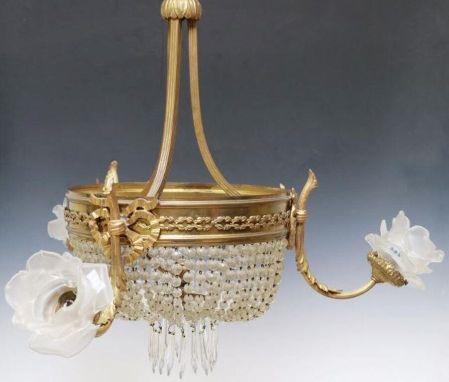 Appraisal: Empire style gilt metal and crystal five-light chandelier th c