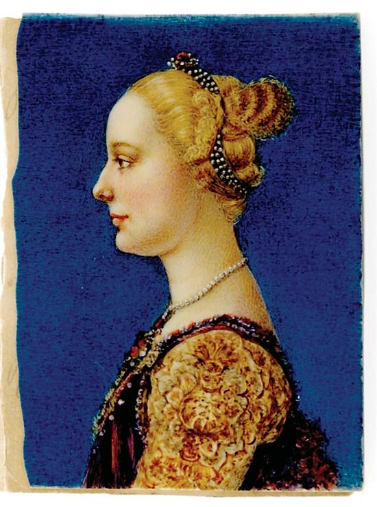 Appraisal: Continental painted portrait miniature th th century depicting medieval maiden