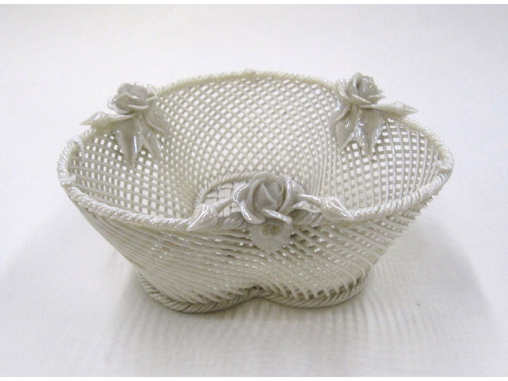 Appraisal: Belleek four strand basket trefoil shaped dish with applied floral