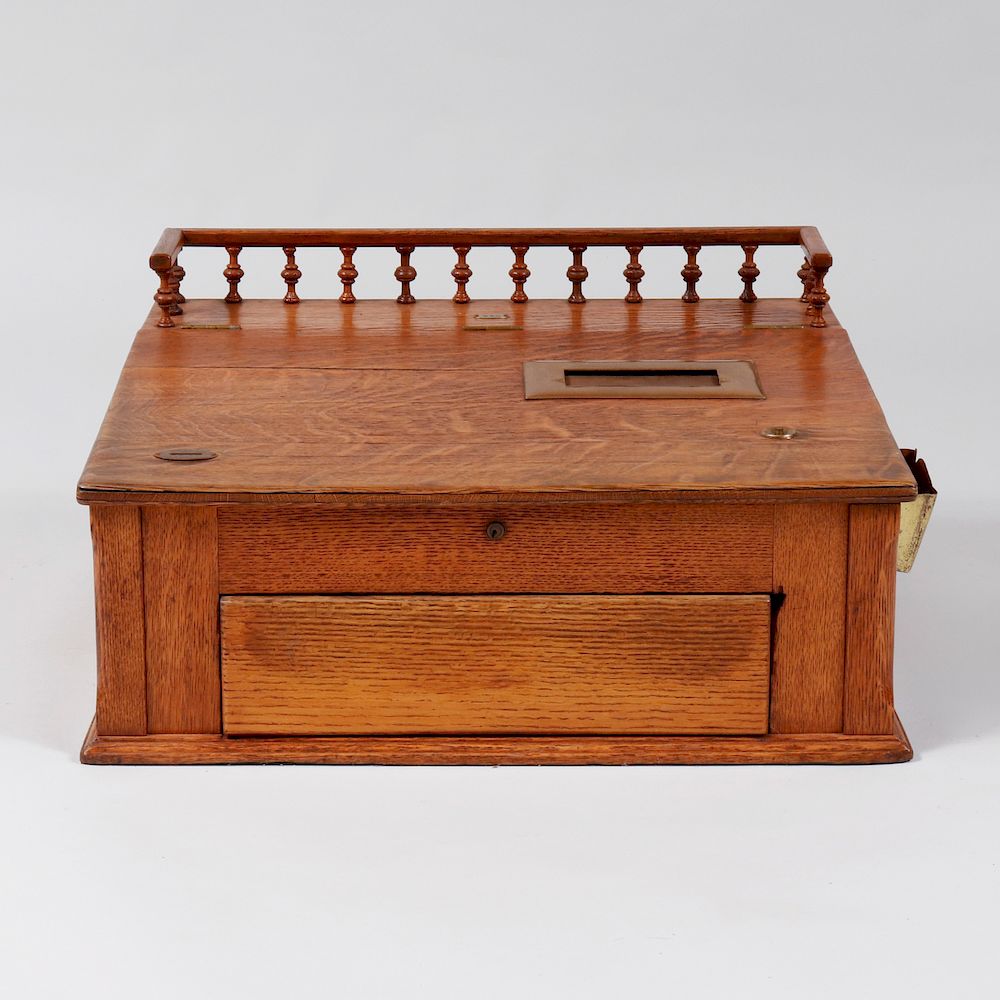 Appraisal: Medford Oak and Brass Automatic Cash Register x x in