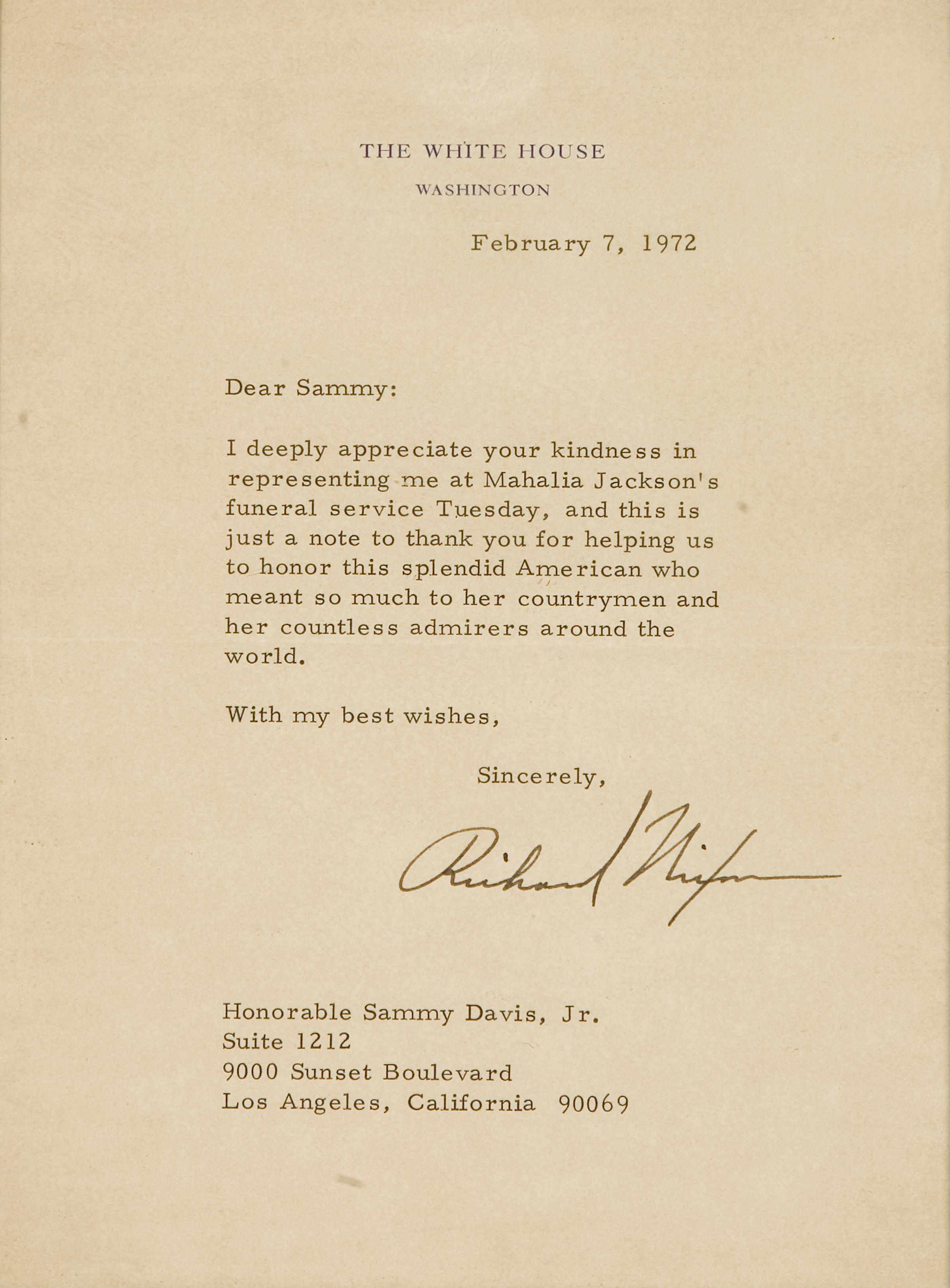 Appraisal: President Richard Nixon letter to Sammy Davis Jr Typed letter