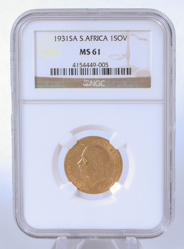 Appraisal: SA SOUTH AFRICA GOLD SOVEREIGN NGC MS Slabbed and graded