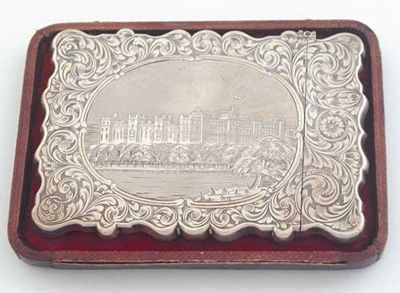 Appraisal: A Victorian engraved 'castletop' card case with a landscape view