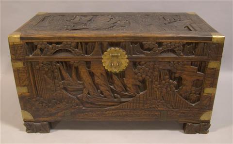 Appraisal: SOUTHEAST ASIAN EXPORT CAMPHOR WOOD CHEST The lid carved with