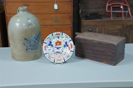 Appraisal: THREE PIECES A four-gallon stoneware jug with floral cobalt decoration