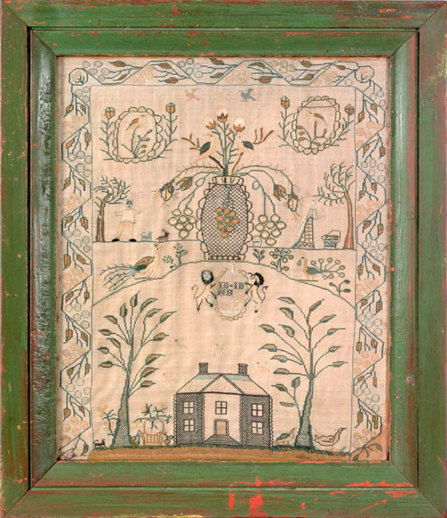 Appraisal: Silk on linen sampler dated with a pot of flowers