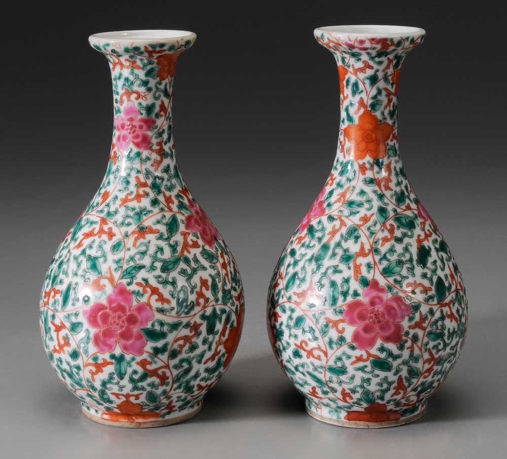 Appraisal: Pair Famille Rose Porcelain Vases Chinese bottle forms iron-red and