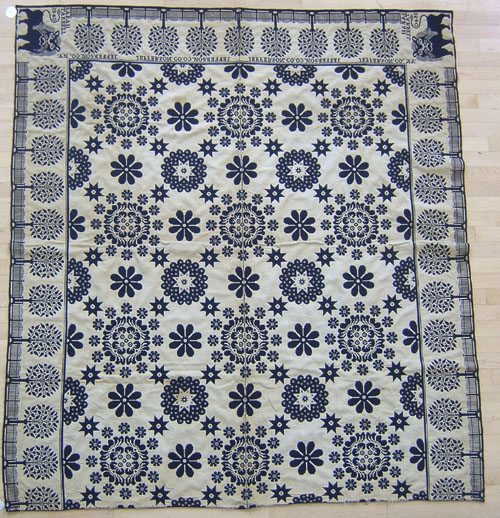 Appraisal: Blue and white jacquard coverlet inscribed Sarah Tarbell Jefferson Co