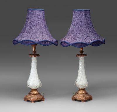 Appraisal: Pair lamps silk shades swirled flecked glass possibly Murano mounted