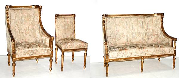 Appraisal: A Louis XVI style giltwood salon suite Comprising two berg