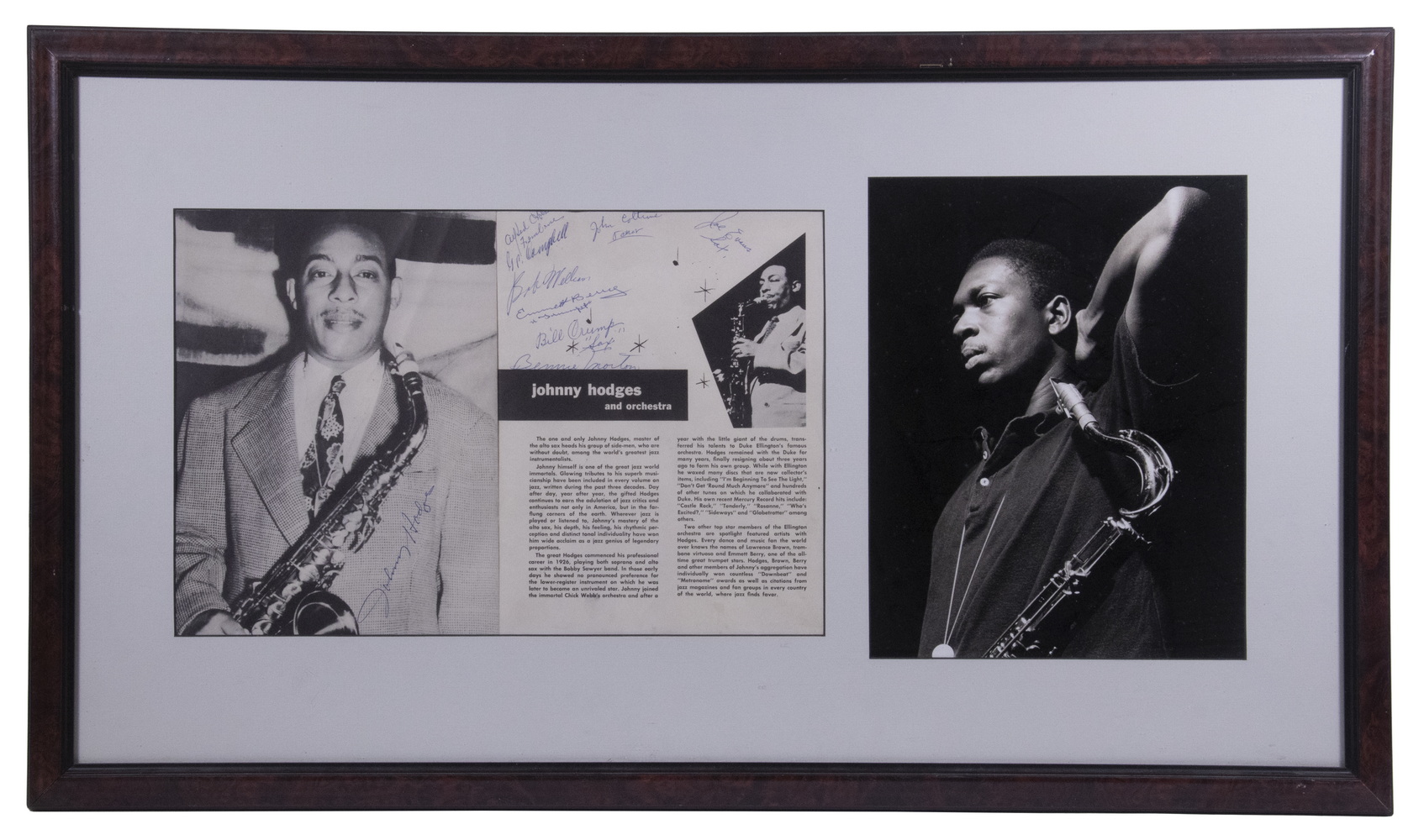 Appraisal: JOHNNY HODGES BAND SIGNED MAGAZINE PAGES WITH JOHN COLTRANE PHOTO