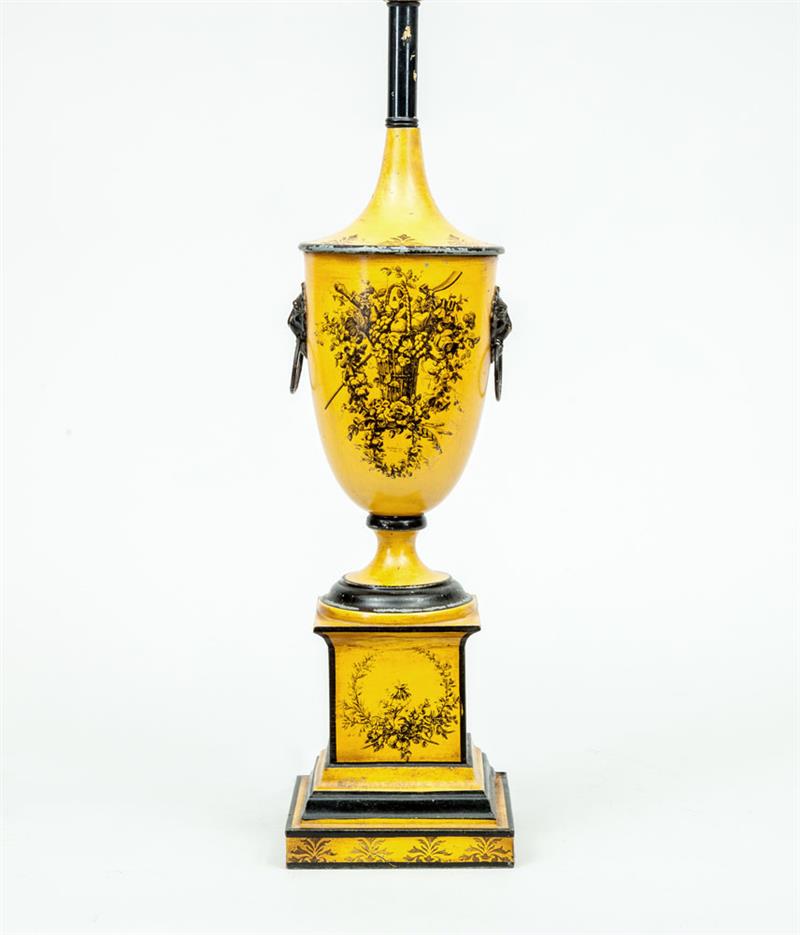 Appraisal: Charles X Style Transfer-Printed Yellow Ground T le Urn-Form Lamp