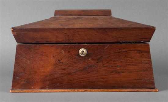 Appraisal: Regency rosewood sarcophagus-form tea caddy circa fitted interior ivory escutcheon