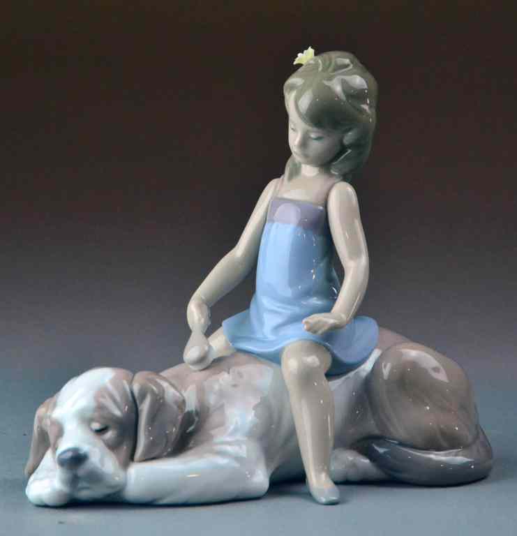 Appraisal: Lladro Figure of Girl Brushing Dog ''Contented Companion'' in good