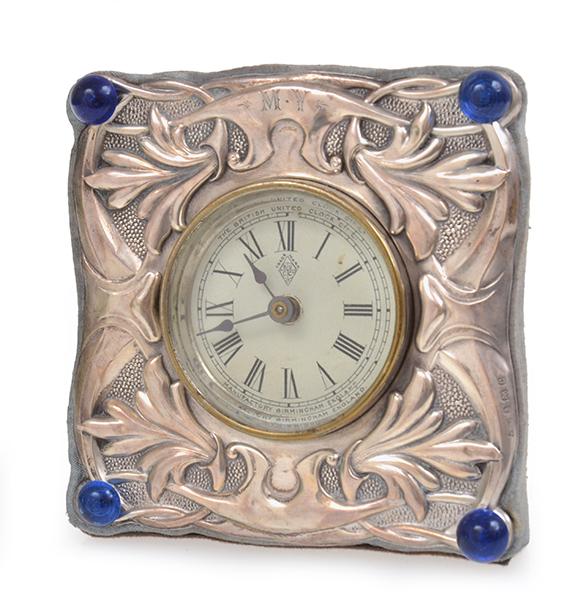 Appraisal: SMALL ART NOUVEAU STERLING SILVER CASED DESK CLOCK WITH FOUR