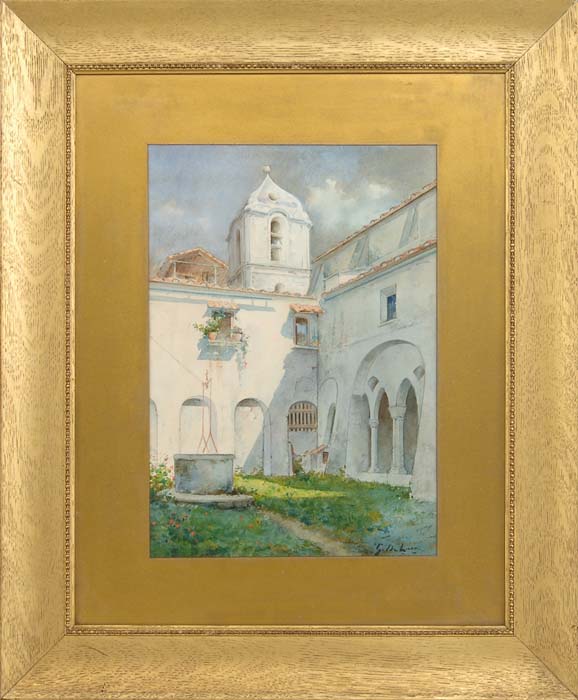 Appraisal: G DE LUCA th th Century MISSION COURTYARD Watercolor scene