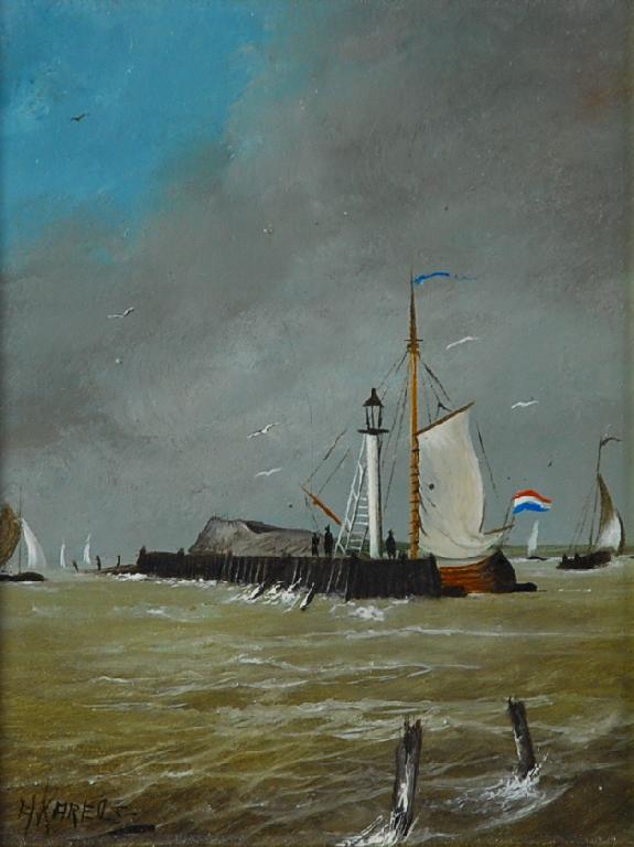 Appraisal: H KARERS OIL PAINTING Dutch harbour scene with fishing boats