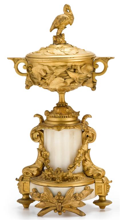 Appraisal: Pair of French gilt bronze covered urns-on-stand in the manner