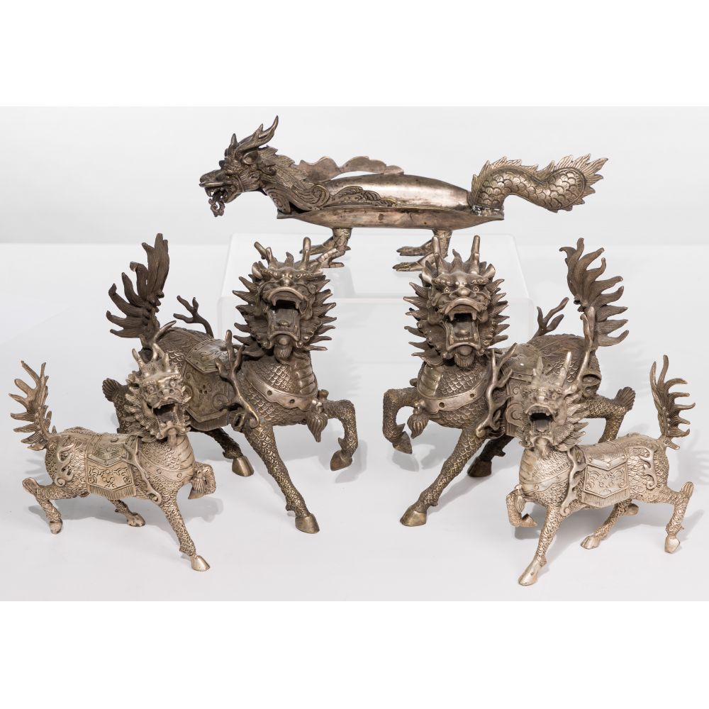 Appraisal: ASIAN METAL QILIN KIRIN AND DRAGON ASSORTMENT items including pair