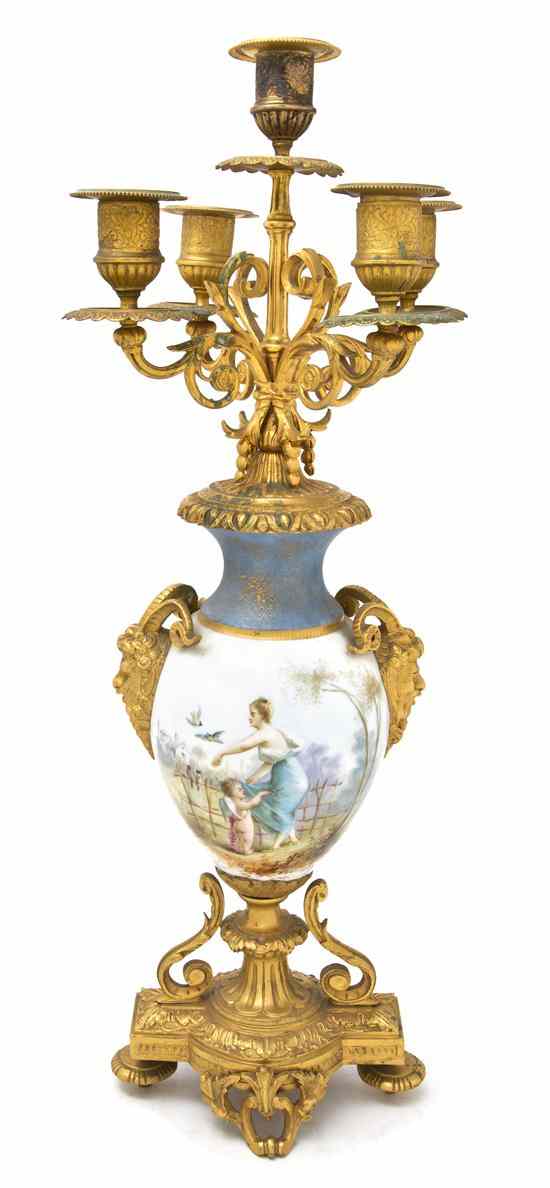 Appraisal: A Sevres Style Gilt Metal Mounted Five-Light Candelabrum the ovoid