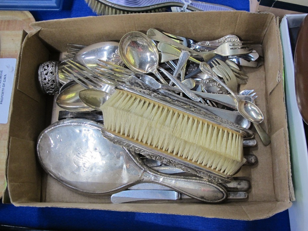 Appraisal: A box of loose cutlery silver backed brushes and a