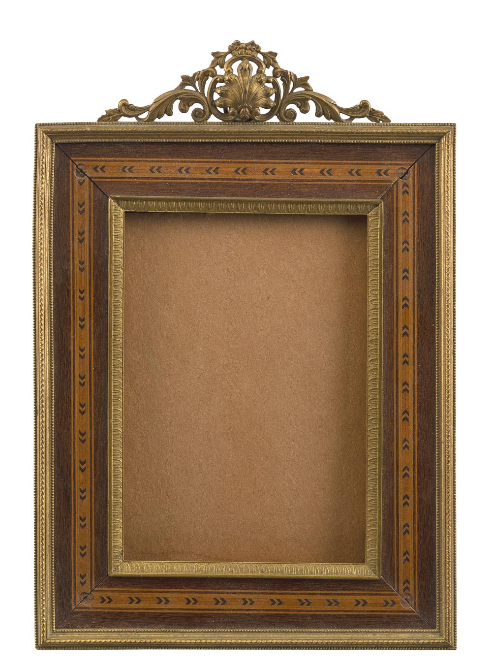 Appraisal: BRASS AND INLAID WOOD FRAME TH CENTURY APERTURE X OVERALL