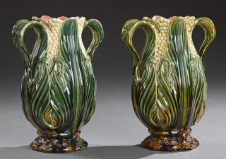 Appraisal: Pair of Large French Majolica Baluster Handled Vas Pair of