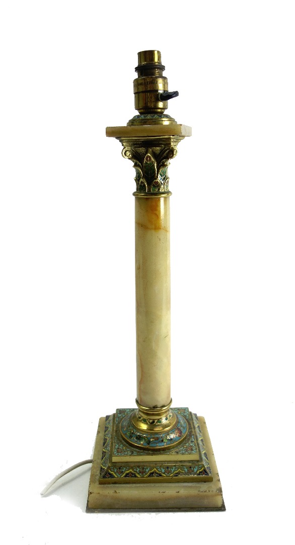 Appraisal: A gilt bronze and champlev enamel onyx Corinthian column table