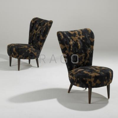 Appraisal: SWEDISH Pair of slipper chairs s Faux fur and stained