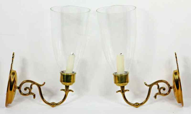 Appraisal: Pair of Brass Wall Sconceswith blown glass hurricane shades foundry