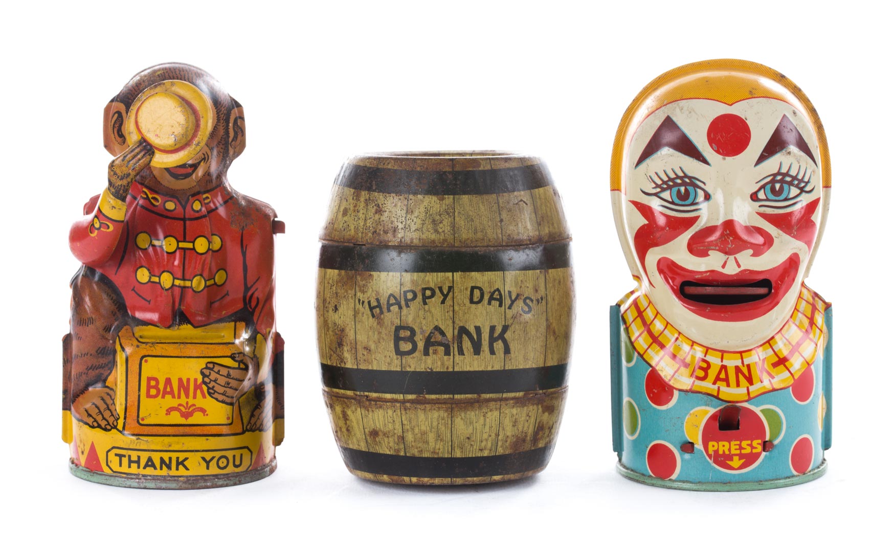 Appraisal: Three J Chein lithographed tin banks including clown monkey and