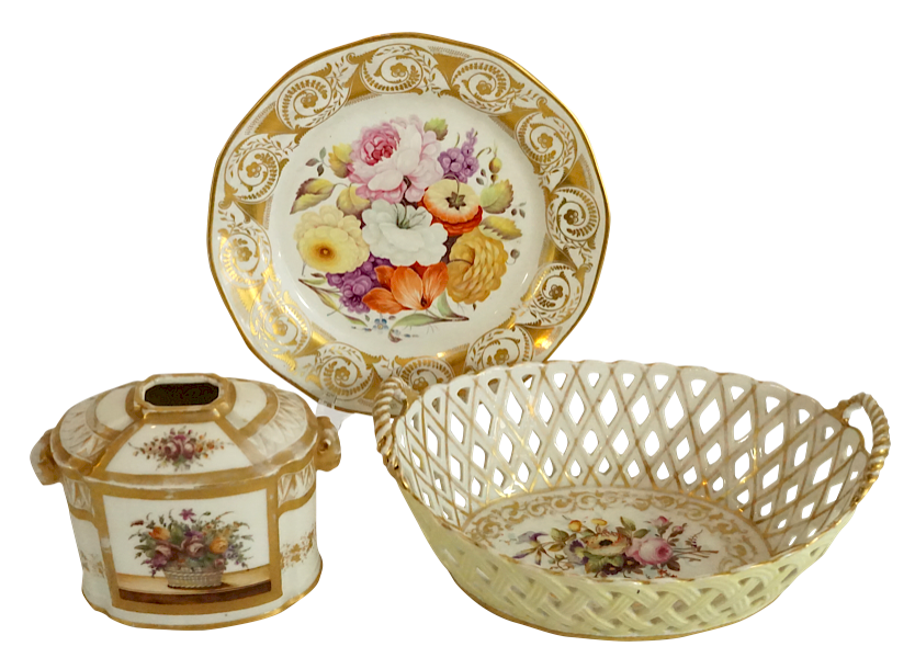 Appraisal: Paris Porcelain Floral Potpourri Vase Pierced Basket and Plate Lot