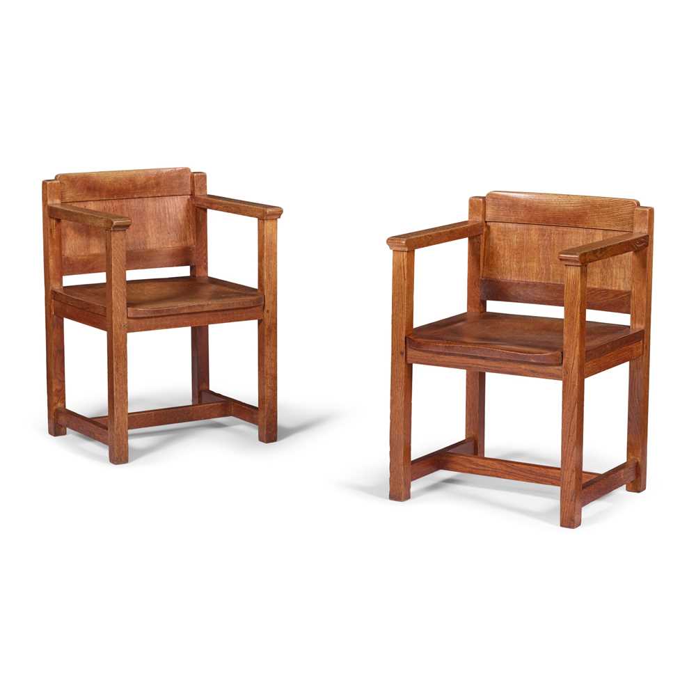 Appraisal: ENGLISH PAIR OF ARTS CRAFTS ARMCHAIRS CIRCA oak cm wide