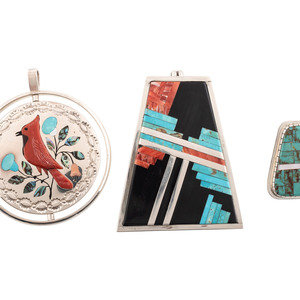 Appraisal: Zuni and Pueblo Silver Pendants with Mosaic Inlay late th